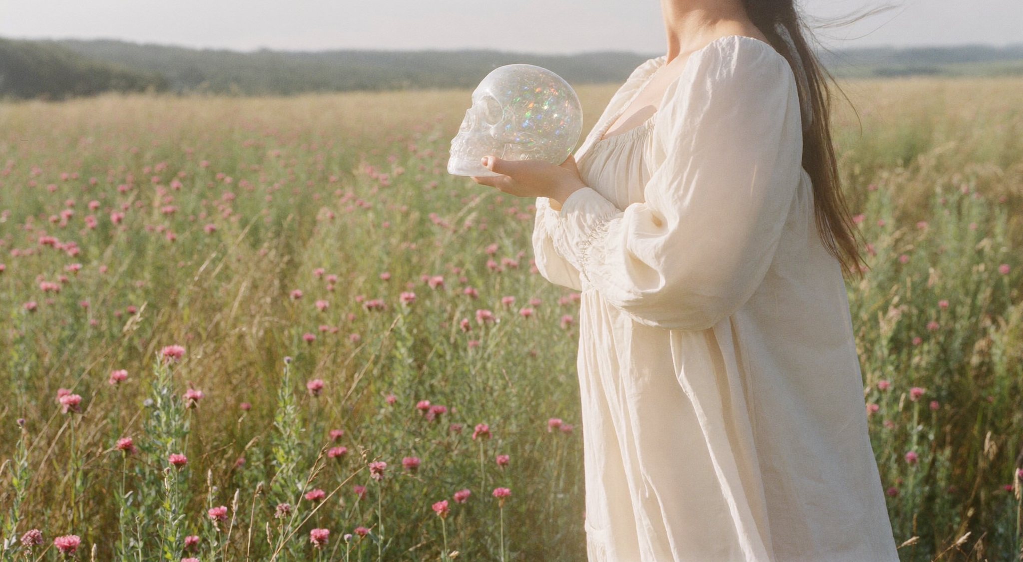 Eine Frau im Leinenkleid hält in einer blühenden Wiese einen Kristallschädel ins Sonnenlicht